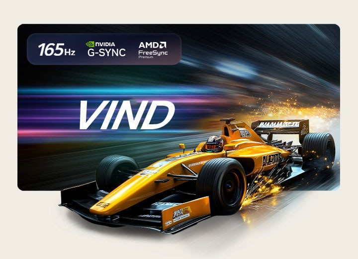 LG OLED evo AI G6 til uovertruffet spil i 4K 165 Hz viser et fartfyldt racerspil med en gul formelbil i bevægelse, fed "WIN"-tekst på skærmen og NVIDIA G-SYNC- og AMD FreeSync Premium-logoer øverst. 