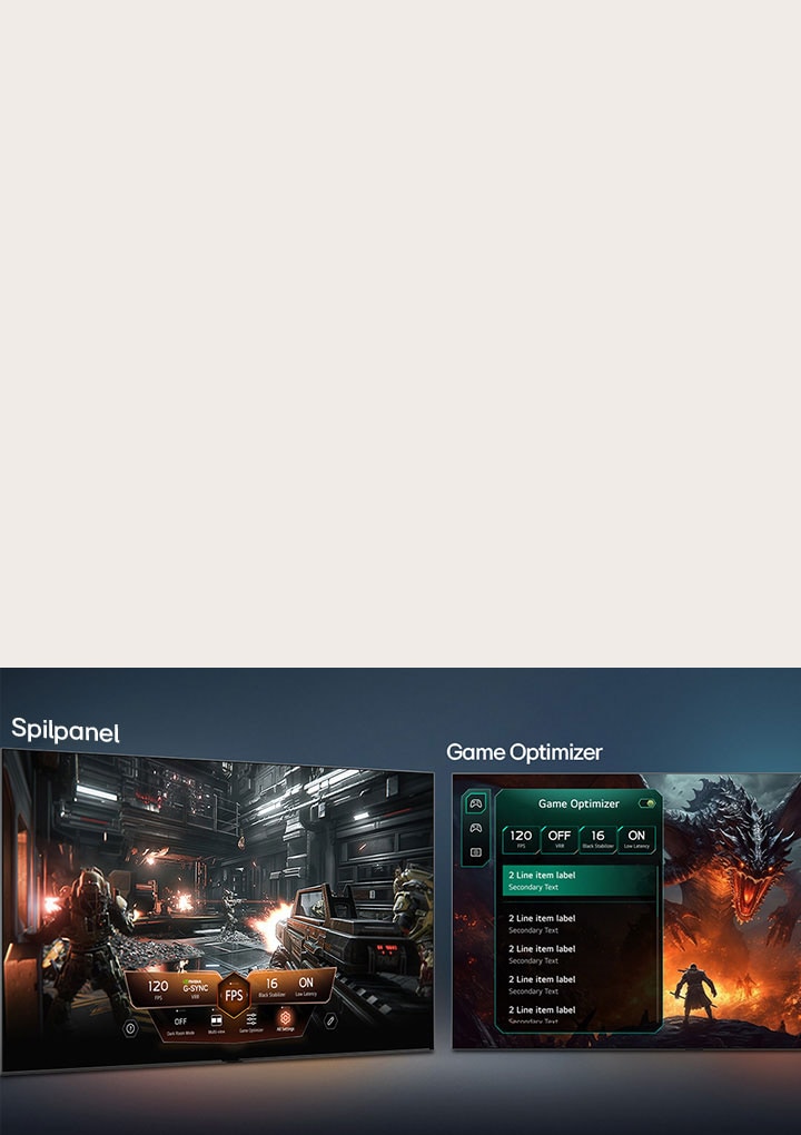 LG OLED evo AI G6 med spilpanel og -optimering viser spilskærme side om side og en skærmmenu til justering af spilindstillinger såsom opdateringshastighed, latenstid og visuelle tilstande i realtid.