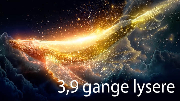 LG OLED evo AI W6 Wallpaper TV med Brightness Booster Ultra viser en mørk scene, hvor glødende partikler omgiver en hvalsilhuet og giver op til 3,9 gange højere spidslysstyrke med højere lysstyrke og klarere detaljer.