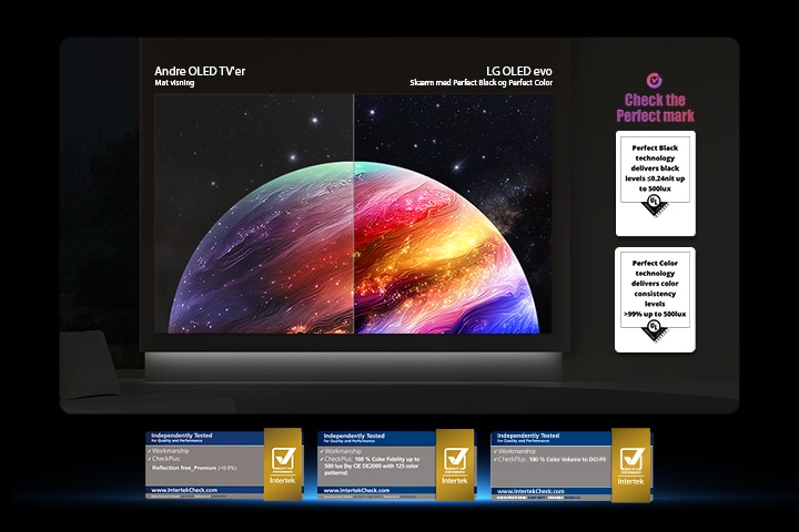 LG OLED evo AI W6 Wallpaper TV viser en opdelt skærm med planeter og stjerner for at sammenligne en mat anti-glare-skærm med dens Perfect Black og Perfect Color-visning for klarere billedkvalitet i ethvert lys, understøttet af UL-certificering og Intertek-certificeringer for farvenøjagtighed og refleksionsfri egenskaber.