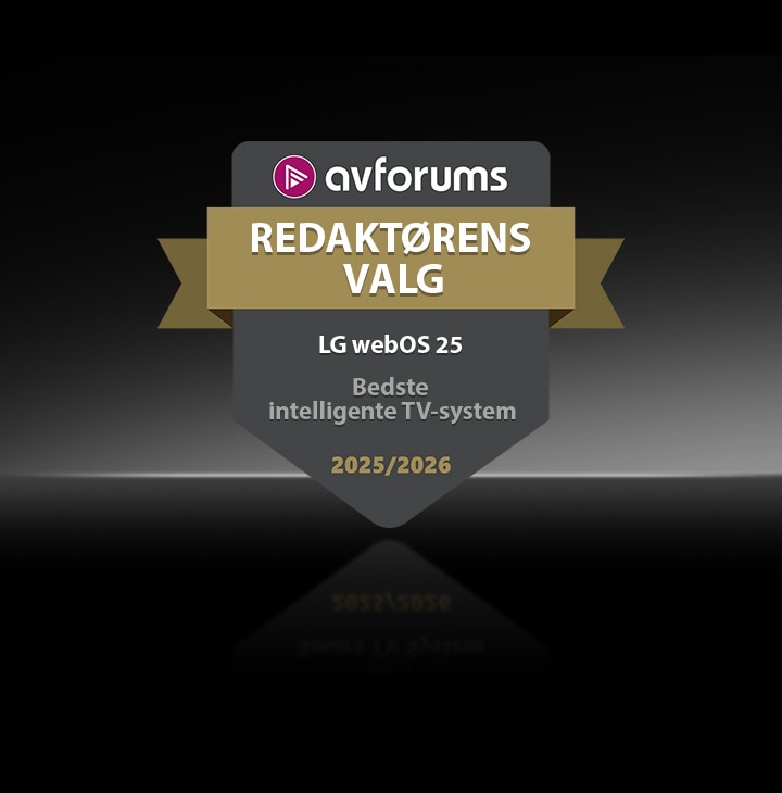 AVForums Editor's Choice-emblemt vises på en mørk baggrund for LG webOS 25, kaldet det bedste intelligente TV-system 2025/2026.