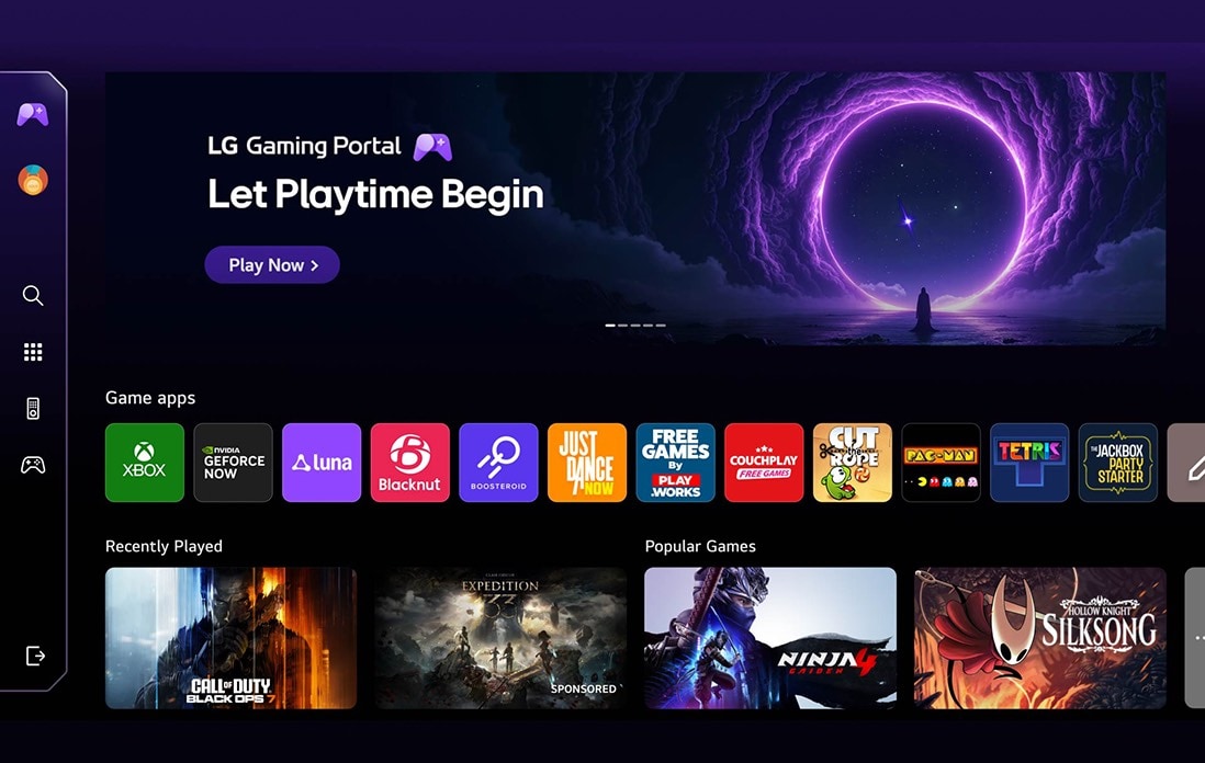LG QNED AI Mini LED QNED70 omfatter LG Gaming Portal med et gaming hub-layout, som kombinerer fremhævet indhold og spilfliser i en samlet grænseflade, der udvides for at give adgang til GeForce NOW og webOS-spilapps.