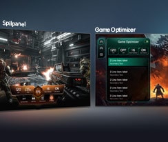 LG QNED AI Mini LED QNED70 med spilpanel og -optimering viser spilskærme side om side og en skærmmenu til justering af spilindstillinger såsom opdateringshastighed, latenstid og visuelle tilstande i realtid.