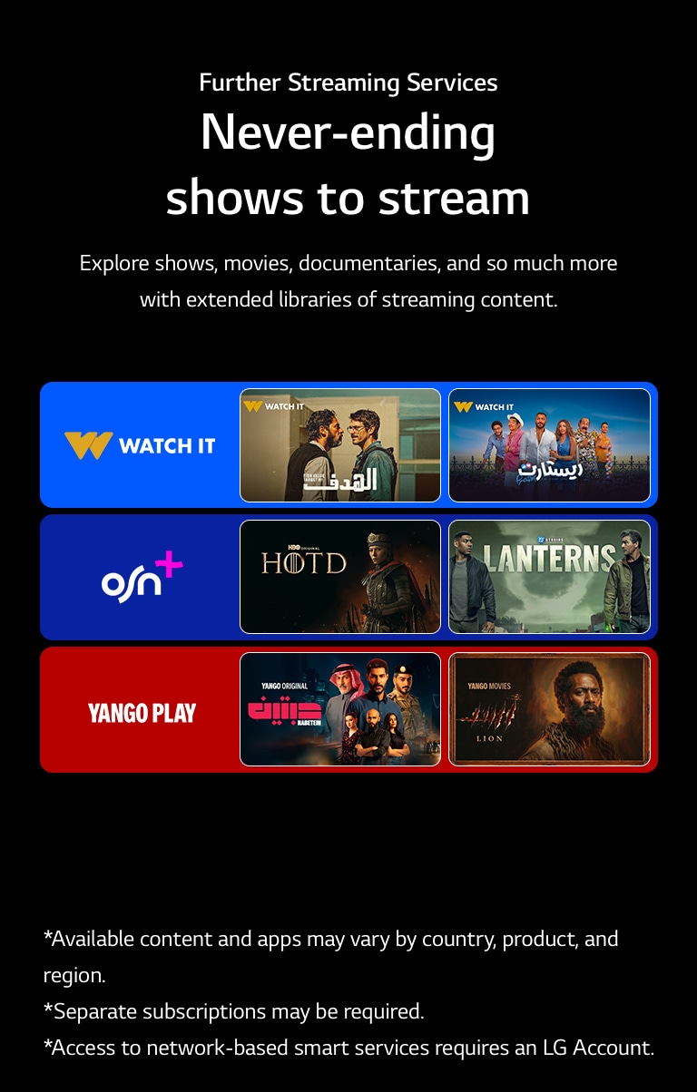 Four colored boxes featuring logos of popular streaming services with two TV show thumbnails each, illustrating a diverse selection of streaming content including shows, movies, and documentaries.