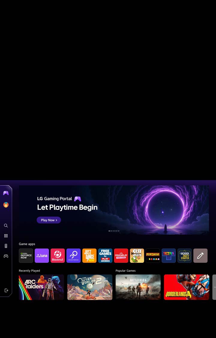 يتميز تلفزيون LG OLED evo ببوابة LG للألعاب مع تخطيط مركز ألعاب يجمع بين المحتوى المميز وطاقات الألعاب في واجهة موحدة تتوسع لتوفير الوصول إلى Xbox Cloud Gaming، وGeForce NOW، وتطبيقات ألعاب webOS.