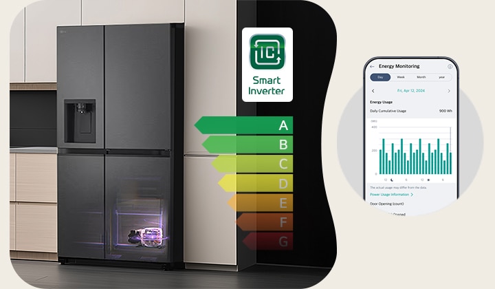 رسم بياني لثلاجة طويلة يوضح تقنية التبريد الخاصة بها. رسم أزرق لامع يوضح تدفق الهواء الذي يدور من الداخل، ويتحرك من الأعلى إلى الأسفل.