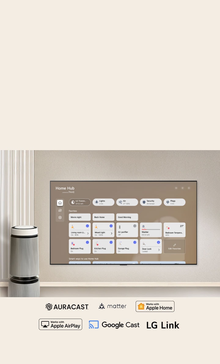 شاشة LG NANO 4K UHD AI NU85 المزودة بخاصية "إمكانات الاتصال الذكي" تعرض واجهة Home Hub على الشاشة، مما يعرض الاتصالات بـ LG ThinQ، مع لوحات للتلفزيون والأجهزة والتطبيقات في تخطيط تحكم واحد.