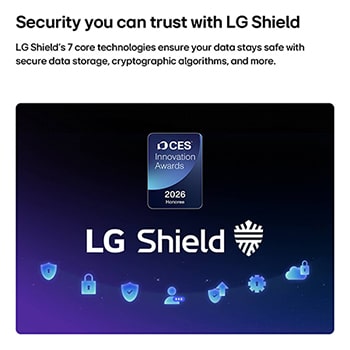 يظهر LG Shield على شاشة LG QNED evo AI QNED85، مع شعار LG Shield في المنتصف، وأيقونات الأمان أدناه، وشارة 2026 CES Innovation Awards Honoree أعلاه، والتي تمثل حماية البيانات والنظام.
