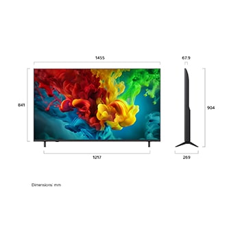 يُعرض تلفزيون LG QNED evo AI QNED82 Mini LED من الأمام والجانب، ليُبرز شاشة قياس 65 بوصة بعرض 1455 مم وارتفاع 841 مم، وارتفاع إجمالي مع الحامل يبلغ 904 مم، مع عمق جانبي نحيف يبلغ 67.9 مم، وقاعدة قياسها 1217 × 269 مم.