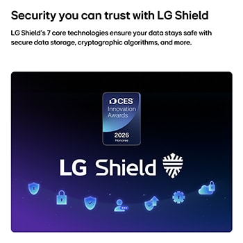 يظهر LG Shield على شاشة LG QNED evo AI QNED82 Mini LED، مع شعار LG Shield في المنتصف، وأيقونات الأمان أدناه، وشارة 2026 CES Innovation Awards Honoree أعلاه، والتي تمثل حماية البيانات والنظام. 