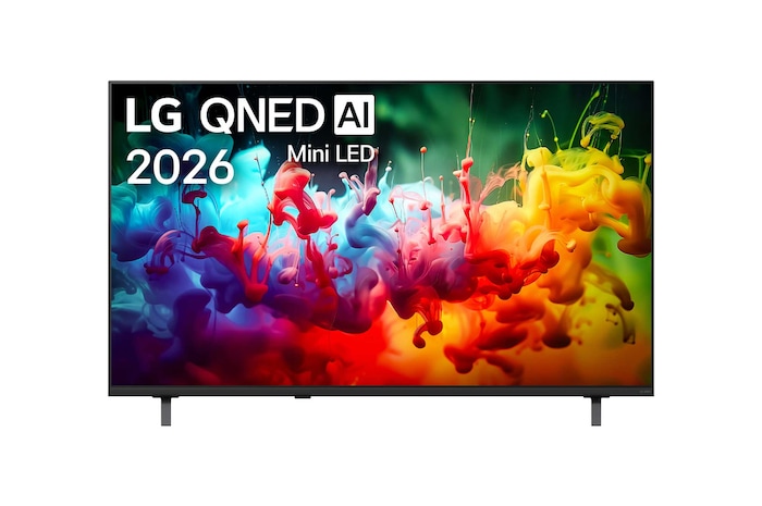 الواجهة الأمامية لجهاز LG QNED AI QNED70 Mini LED، الذي تم طرحه في عام 2026، تملأ الشاشة بلمسات حية وسلسة من الحركة متعددة الألوان، حيث تتوزع الألوان الدقيقة بطبقات ناعمة عبر الشاشة.