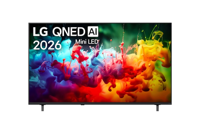 الواجهة الأمامية لجهاز LG QNED AI QNED70 Mini LED، الذي تم طرحه في عام 2026، تملأ الشاشة بلمسات حية وسلسة من الحركة متعددة الألوان، حيث تتوزع الألوان الدقيقة بطبقات ناعمة عبر الشاشة.