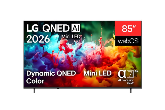 تُظهر الواجهة الأمامية لشاشة LG QNED AI QNED70 Mini LED، التي تم طرحها في عام 2026، ألوانًا زاهية وسلسة متعددة الألوان، وتتميز بتقنية Dynamic QNED Color وMini LED ومعالج alpha 7 AI Processor 4K Gen9 ونظام webOS وشاشة مقاس 85 بوصة.