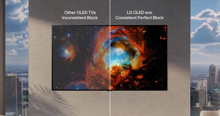 يعرض تلفزيون LG OLED evo مشهد سديم مقسوم الشاشة مقابل أفق مدينة. يقارن هذا المشهد اللون الأسود غير المتسق في تلفزيونات OLED الأخرى باللون الأسود المثالي المتسق في تلفزيون LG OLED evo. يوفر ذلك رؤية واضحة في كل من البيئات الساطعة والمظلمة بتباين أعمق وتفاصيل أكثر حدة.
