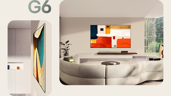 يعرض تلفزيون LG OLED evo AI G6 بتصميم معرض متساطح مظهرا سلسا عند تثبيته على الحائط في غرفة معيشة عصرية، مع عمل فني تجريدي إلى جانب لقطة بزاوية جانبية توضح تركيبه النحيف والقريب من الحائط.