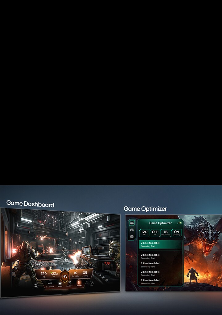 يعرض تلفزيون LG OLED evo المزود بـ Game Dashboard وGame Optimizer شاشات ألعاب متجاورة وقائمة على الشاشة لضبط إعدادات اللعب مثل معدل التحديث، وزمن الانتقال، والأوضاع المرئية في الوقت الفعلي.