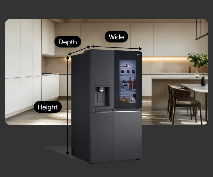 LG fridge with InstaView panel displayed in modern kitchen, showing height, width, and depth dimensions for installation reference.	