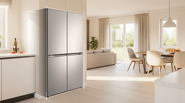 LG refrigerator in bright kitchen with line drawing overlay showing installation and measure space dimensions.	