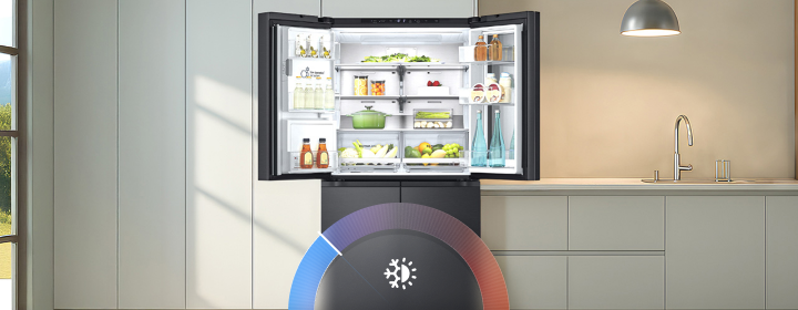 LG refrigerator with open doors showing organized food storage and temperature control graphic.	