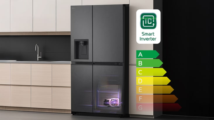 LG refrigerator with Smart Inverter compressor showing high energy efficiency rating in modern kitchen setting.	