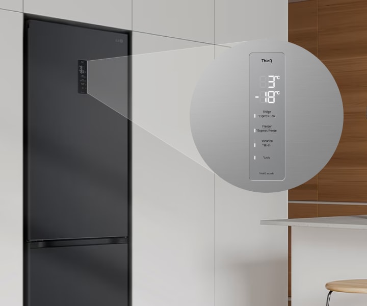 LG refrigerator with zoomed-in view of digital control panel displaying temperature and smart settings in modern kitchen.	