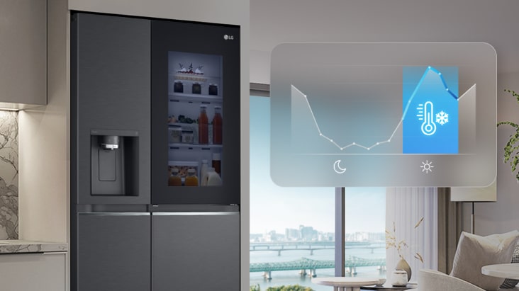 LG InstaView refrigerator with smart cooling graph showing stable temperature control for consistent freshness.	
