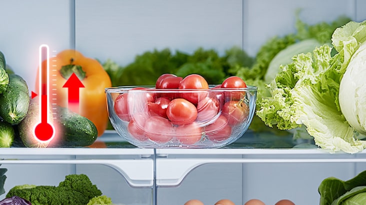Image showing fresh vegetables and a red thermometer icon indicating to cool food before placing it in the refrigerator.