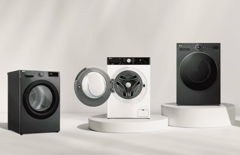 Three LG front load washing machines displayed in a bright studio showcasing modern design and performance
