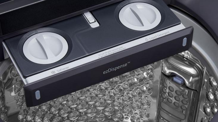 LG top load washing machine dispense drawer for liquid detergent and softener showing easy access design	