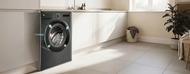 LG front load washing machine installed in modern laundry room showing compact size and space efficient design	