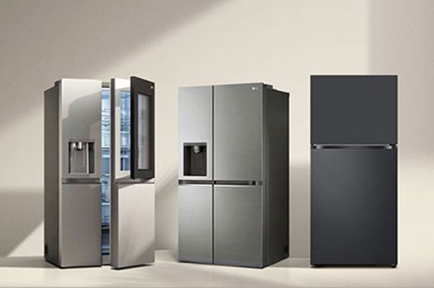 Four LG refrigerator models lined up from left to right: a silver Side-by-Side fridge with Door-in-Door feature, a four-door Multi-Door fridge with a dispenser, a dark grey Top Freezer fridge, and a slim silver 1-Door fridge.