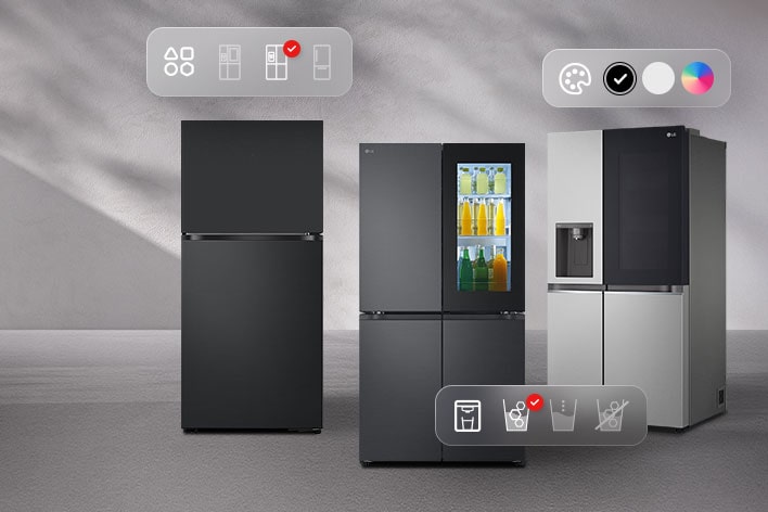 Four LG fridge freezer models are shown side by side with icons indicating configuration, type, color, and dispenser options.