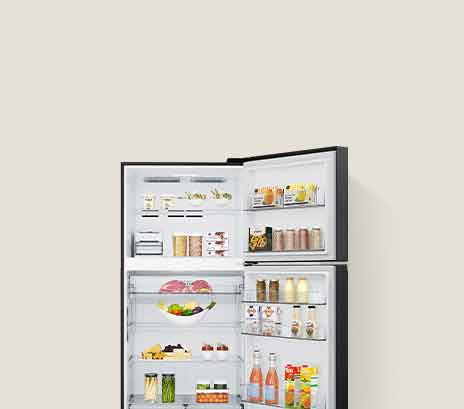The left side shows a black LG refrigerator freezer with an open door, neatly organized food and drink, and the right side shows a closed 1-door freezer.