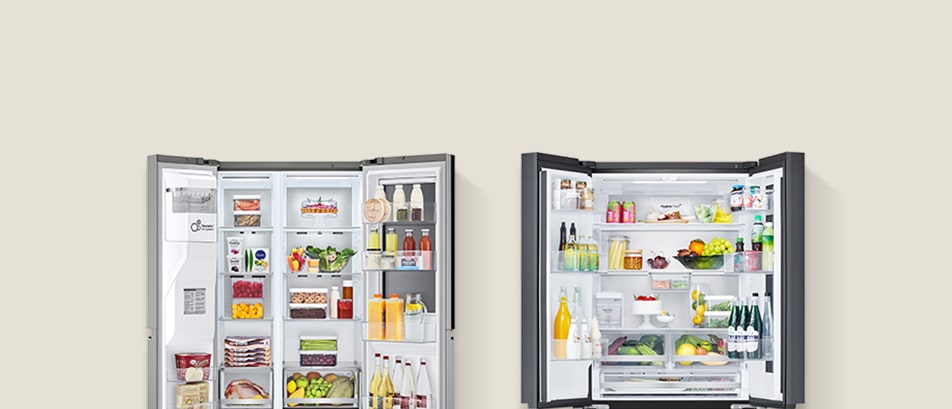 There are two LG refrigerator freezers side by side with the door open. The left side is fully open and the InstaView model on the right side contains groceries. The top left side shows the text of the side-by-side and french door refrigerator freezer.