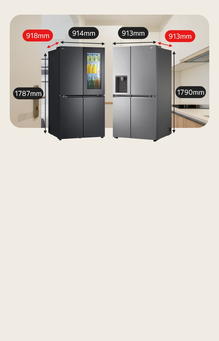 A dark black 4-door multi-door model with a glass panel on its upper right. A silver side-by-side model with a water dispenser on its upper left.
