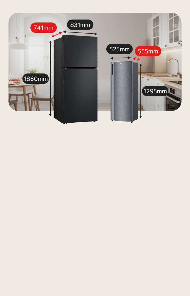 An image showing two LG refrigerators in a kitchen setting. On the left is a larger, dark matte black top-freezer refrigerator with two doors. On the right is a smaller, slim silver single-door refrigerator, both standing on the floor in front of kitchen cabinets.