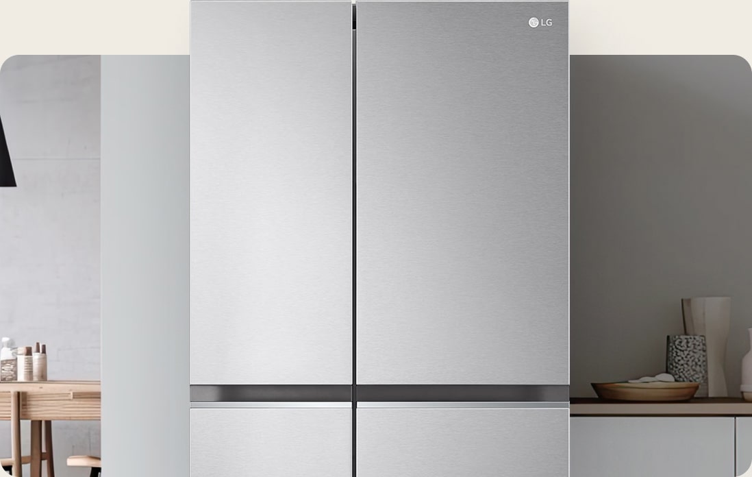 Close-up of the LG side-by-side fridge freezer with a silver finish to seamlessly integrate it into a bright, modern kitchen.