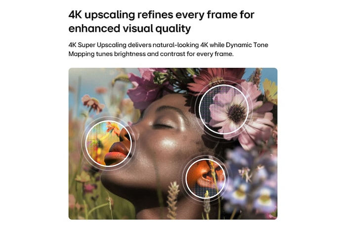 LG NANO 4K UHD AI NU85 enables 4K Super Upscaling with Dynamic Tone Mapping, showing a close-up portrait with flowers as AI refines each frame to enhance skin texture, fine details, and natural color up to 4K resolution.