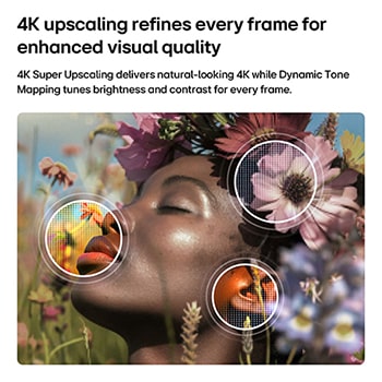 LG NANO 4K UHD AI NU85 enables 4K Super Upscaling with Dynamic Tone Mapping, showing a close-up portrait with flowers as AI refines each frame to enhance skin texture, fine details, and natural color up to 4K resolution.