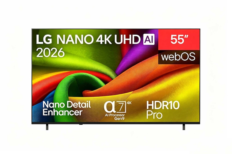 Front view of 55 inch LG NANO 4K UHD AI NU8E Smart TV 2026 55NU8E0B6LA