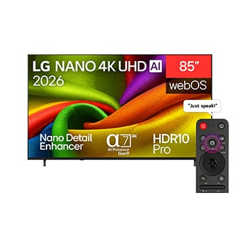 The front view of LG NANO 4K UHD AI NU85, released in 2026, fills the screen with smooth, flowing layers of vividly colored, fabric-like textures, as curved multicolored folds spread across the display.
