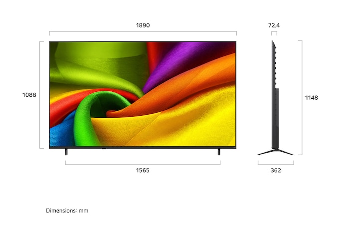LG NANO 4K UHD AI NU85 shown in front and side views highlights an 85-inch display with a 1890 mm-wide screen, 1088 mm screen height, 1148 mm height with stand, a 72.4 mm profile depth, and a stand footprint measuring 1565 by 362 mm.