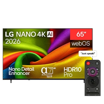 Front view of 65 inch LG NANO 4K AI NU85 Smart TV 2026 65NU850B6LA