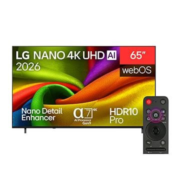 Front view of 65 inch LG NANO 4K AI NU85 Smart TV 2026 65NU850B6LA