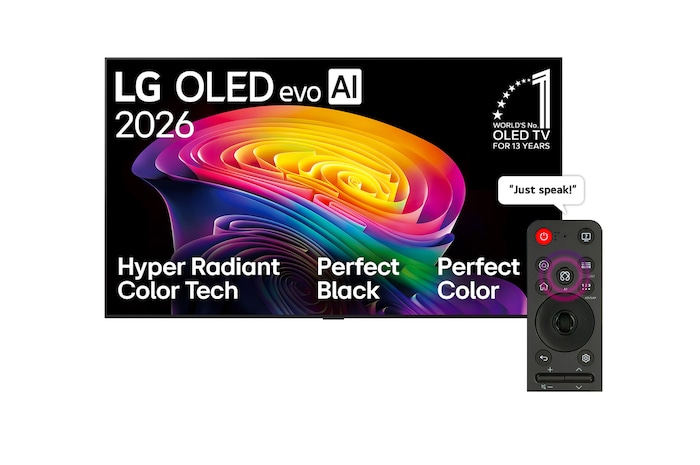 The front view of LG OLED evo AI C6, released in 2026, features a slim black bezel, with a vivid, sculpted swirl of layered rainbow tones flowing across the screen.