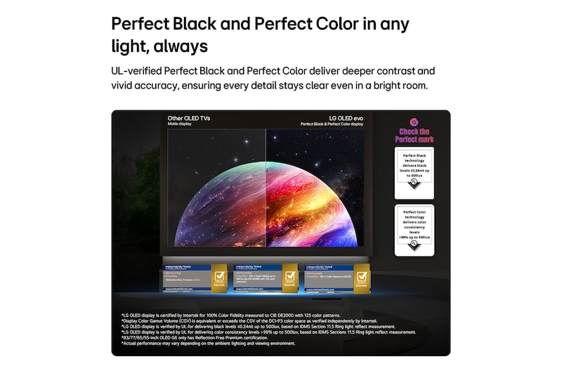LG OLED evo AI G6 shows a split-screen planet-and-stars scene, comparing Other OLED TVs Matte display with its Perfect Black & Perfect Color display for clearer picture quality in any light, supported by UL certification and Intertek certifications for color accuracy and Reflection-Free.