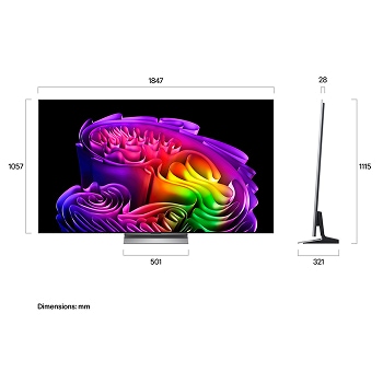 LG OLED evo AI G6 shown in front and side views highlights an 83-inch display with a 1847 mm-wide screen, 1057 mm screen height, 1115 mm height with stand, a 28 mm depth, and a stand footprint measuring 501 by 321 mm.