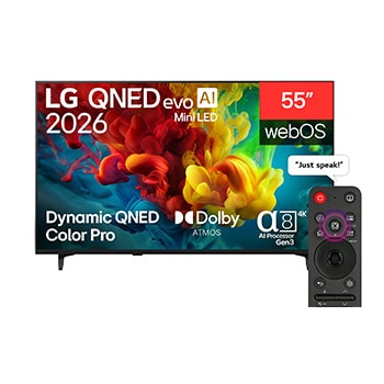 Front view of 55 inch LG QNED evo AI QNED84 Mini LED 4K Smart TV 2026 55QNED84B6T