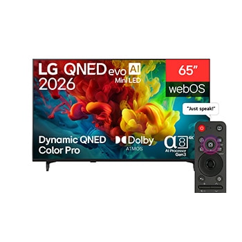 Front view of 65 inch LG QNED evo AI QNED84 Mini LED 4K Smart TV 2026 65QNED84B6T