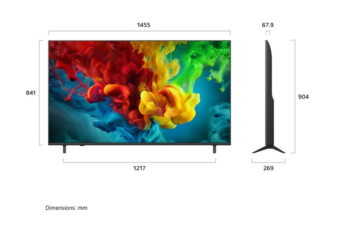 LG QNED evo AI QNED82 Mini LED shown in front and side views highlights a 65-inch display with a 1455 mm-wide screen, 841 mm screen height, 904 mm height with stand, a 67.9 mm profile depth, and a stand footprint measuring 1217 by 269 mm.